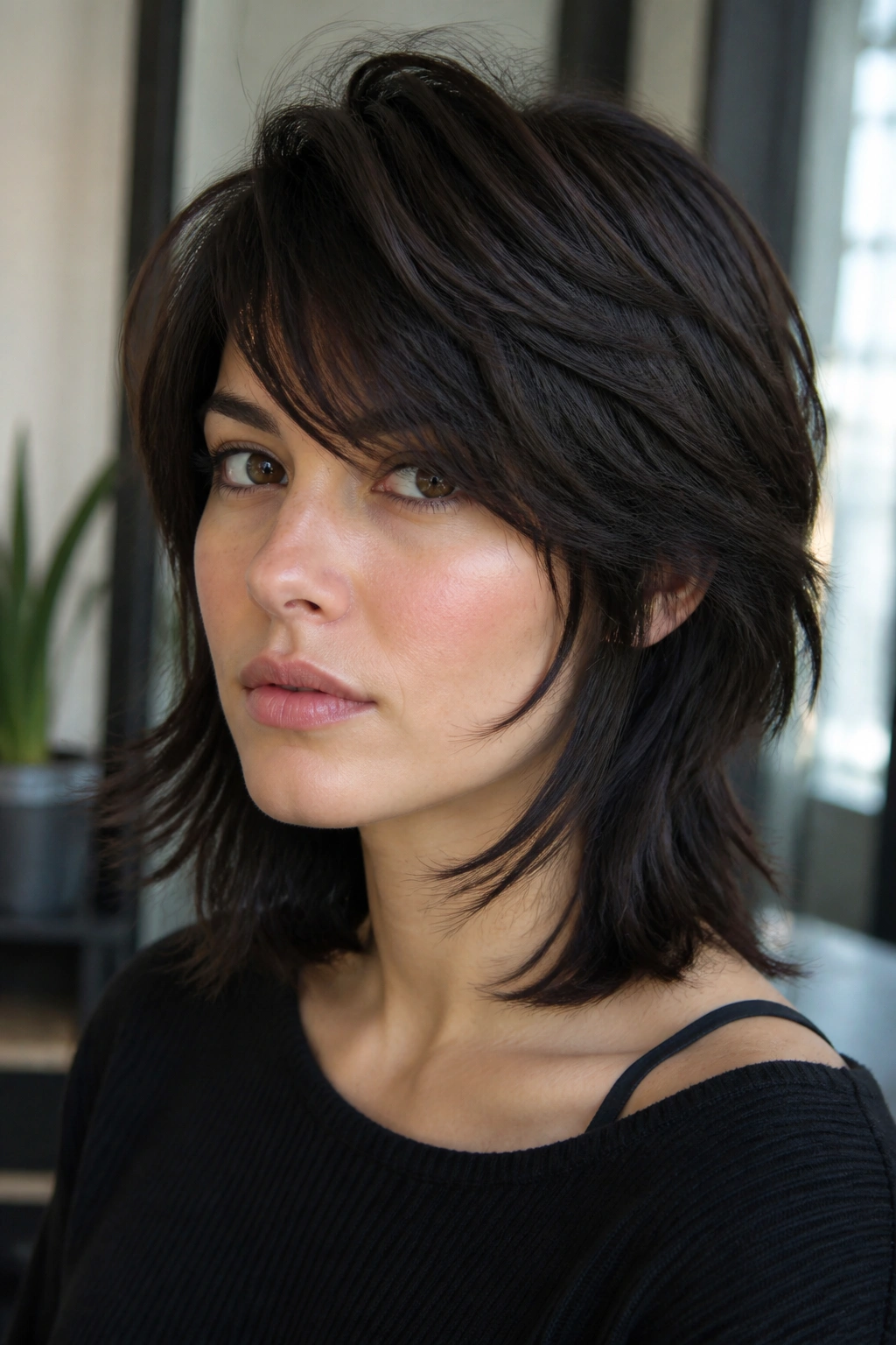 Close-up portrait of a real person with a side-swept fringe wolf cut, diagonal feathered fringe