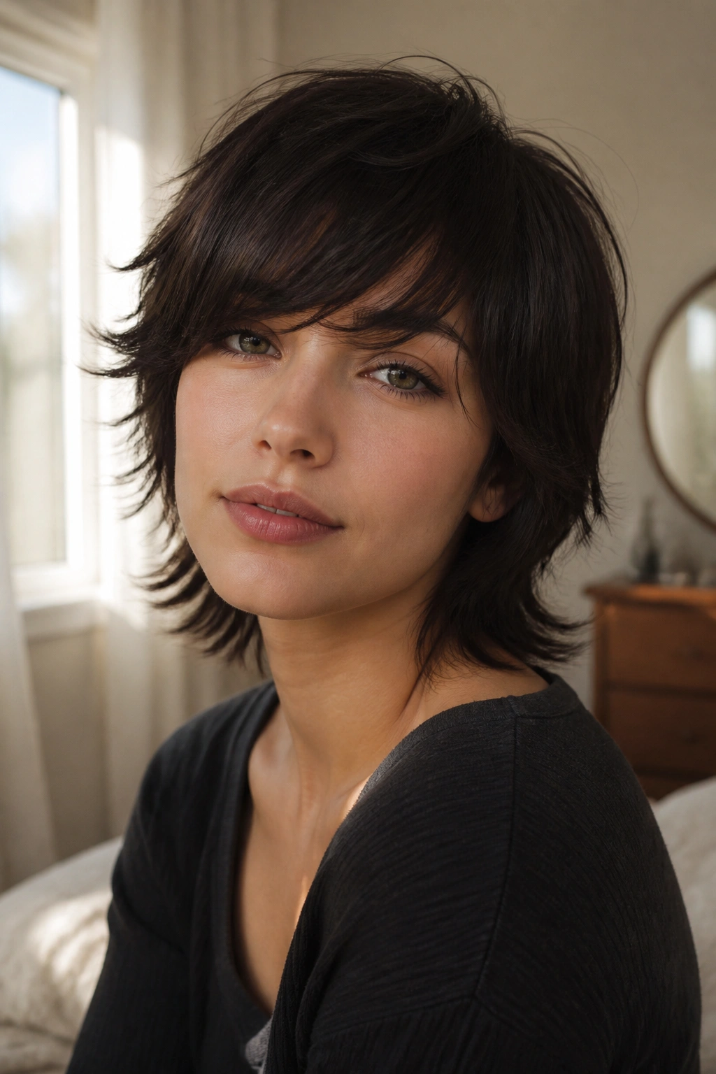 Close-up portrait of a real woman with side-swept fringe wolf cut in natural window light