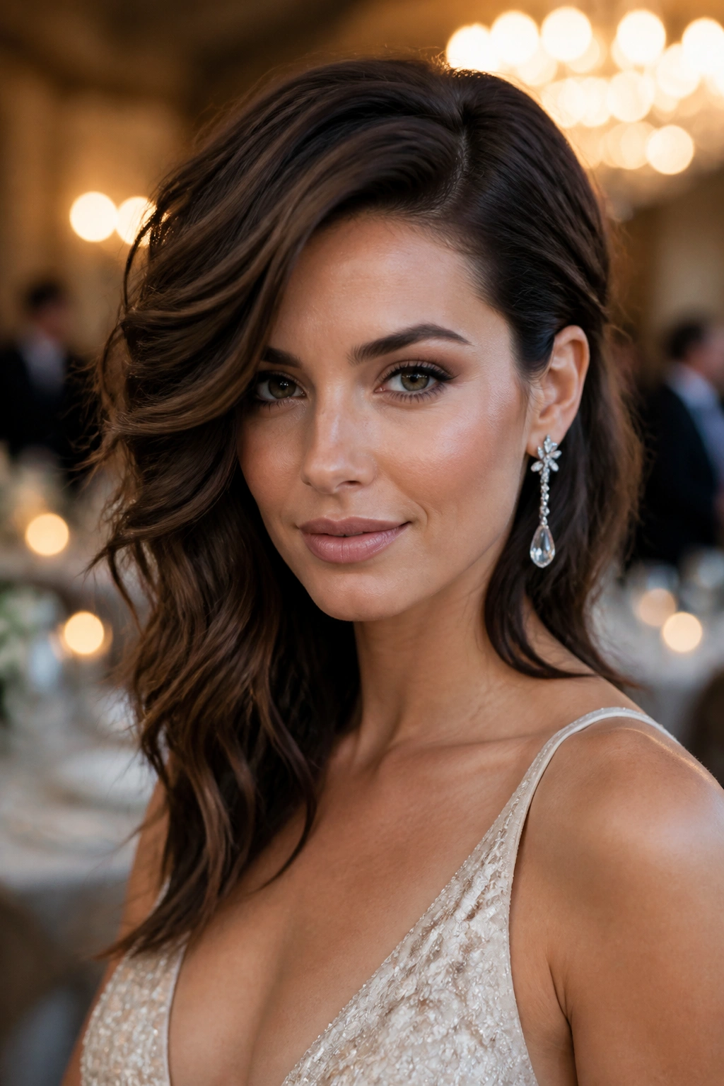 Portrait of a real woman with a deep side part and side-swept waves for a formal wolf cut look