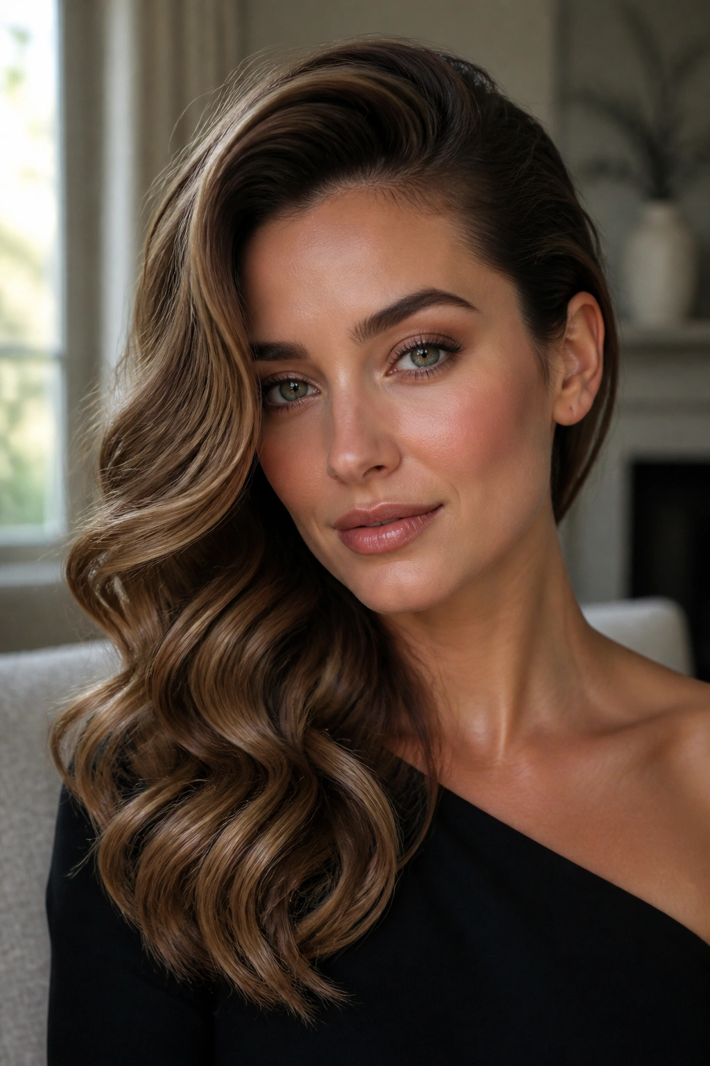 Portrait of a real woman with side swept glam waves.
