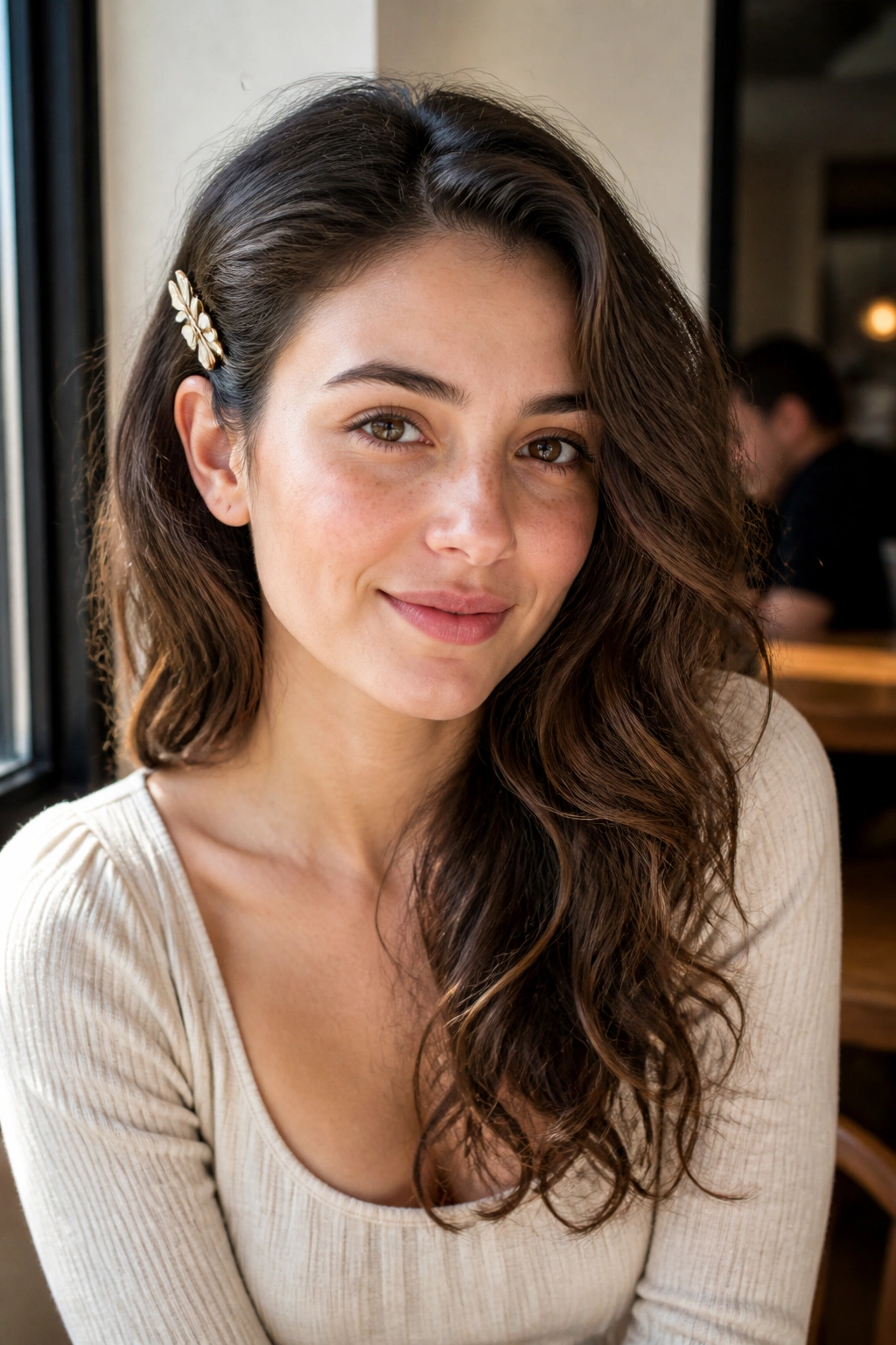Woman with side-swept hairstyle pinned with decorative clip