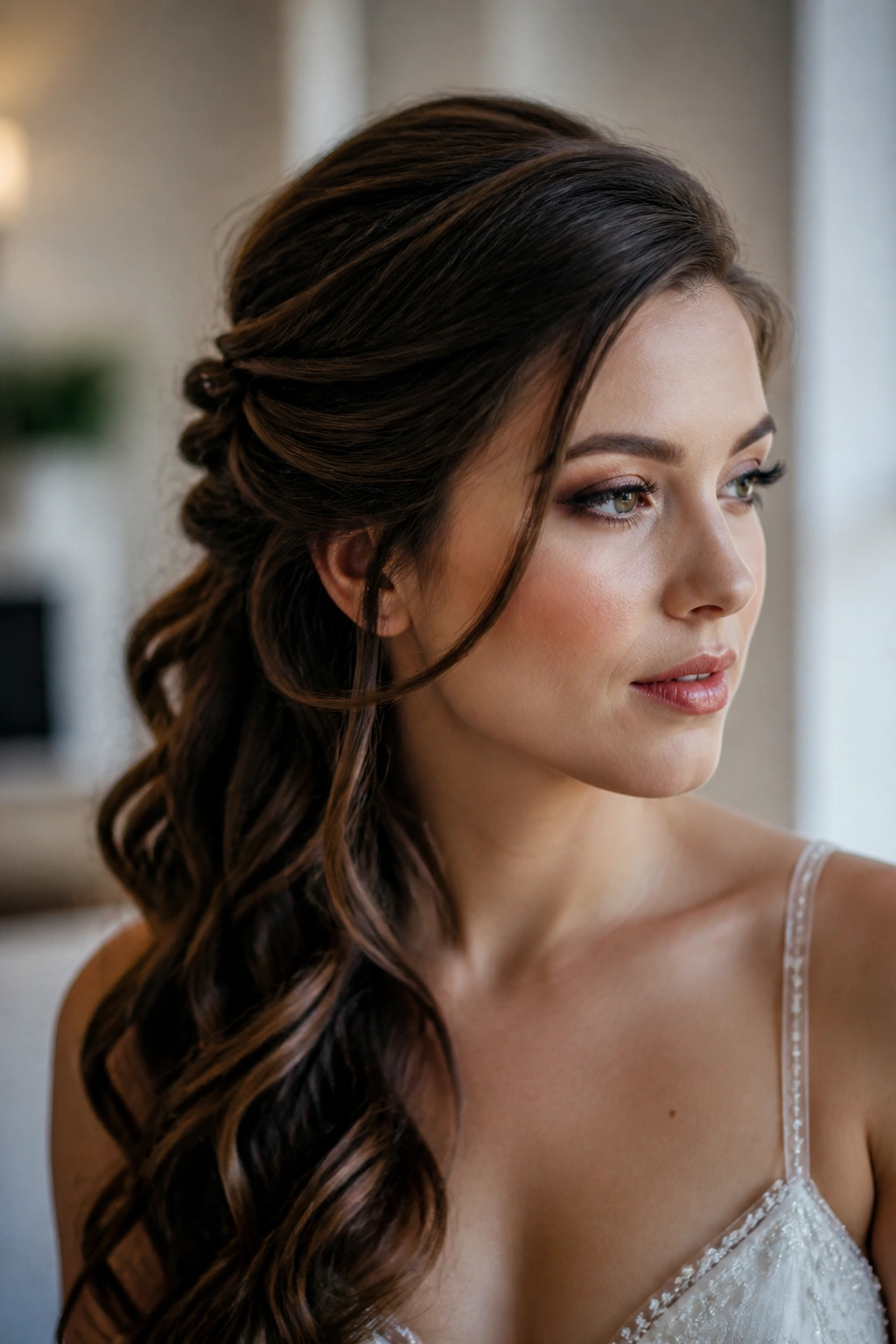 Close-up of a real woman with a side-swept half-up hairstyle