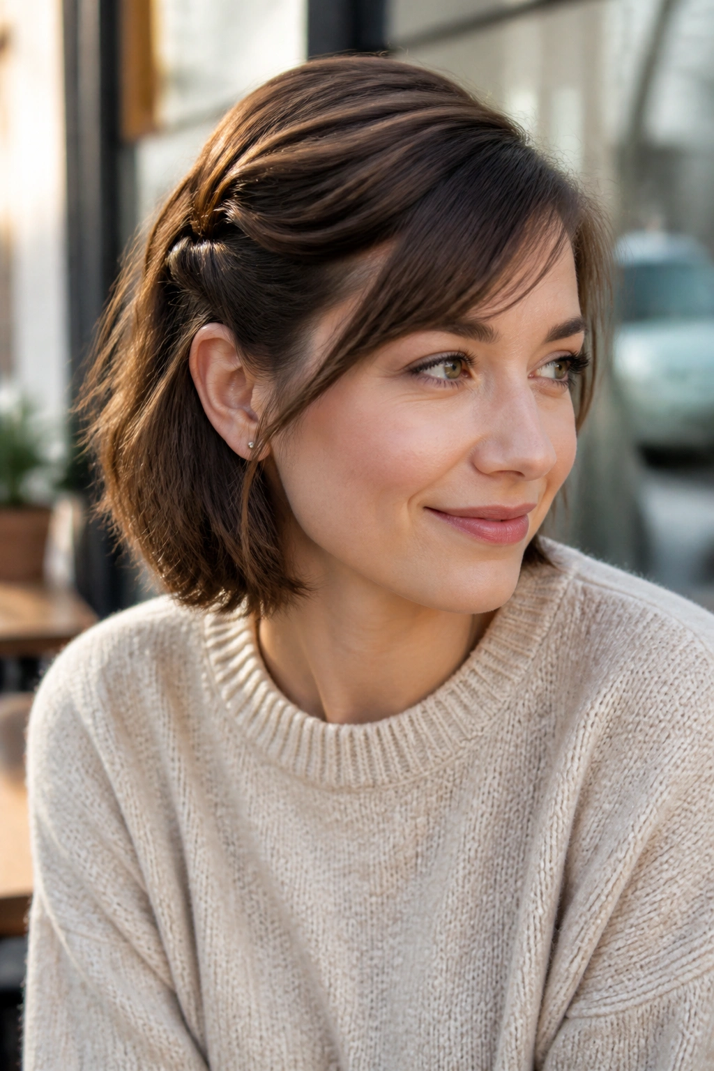 Close-up of a real woman wearing side-swept half-up with bang twist, bangs swept aside