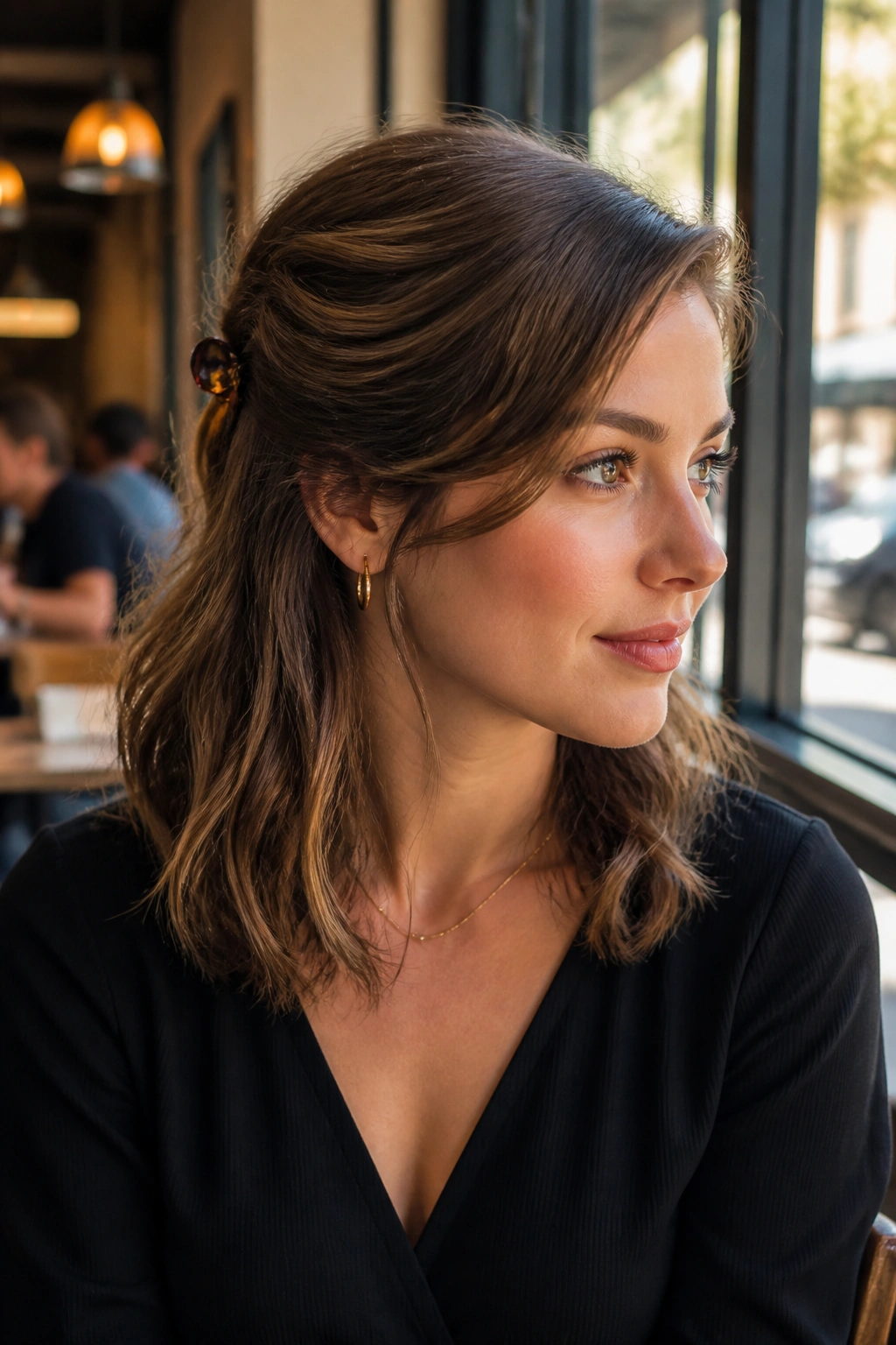 Close-up of side-swept half-up with clip on real woman at cafe window