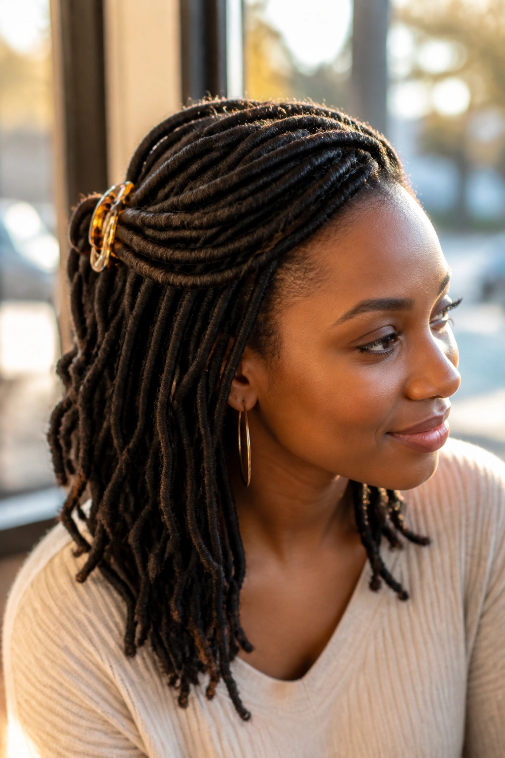 Side view close-up of a real woman with a side-swept half-up clip hairstyle