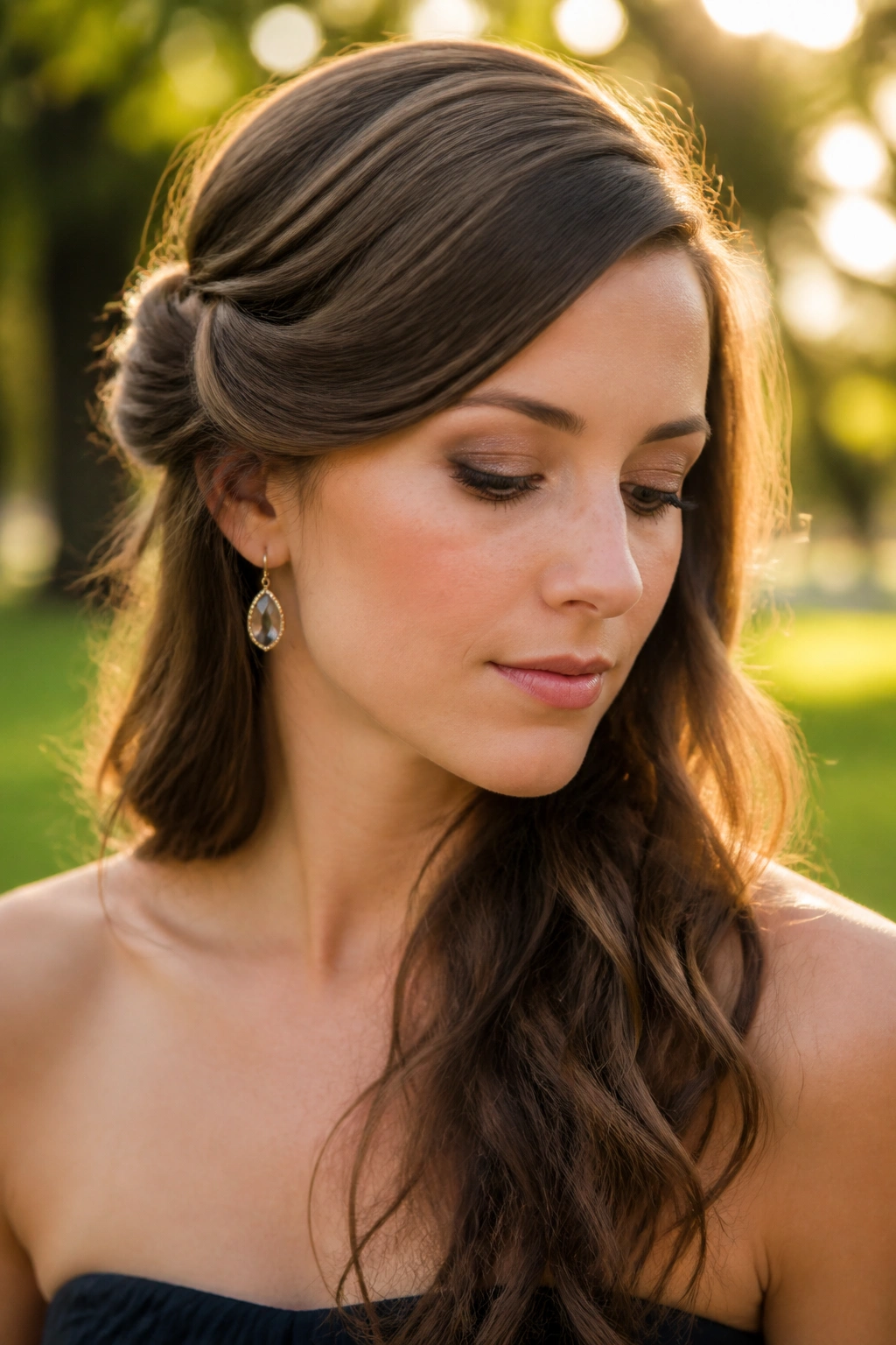 Close-up portrait of a real woman with a side-swept half-up twist