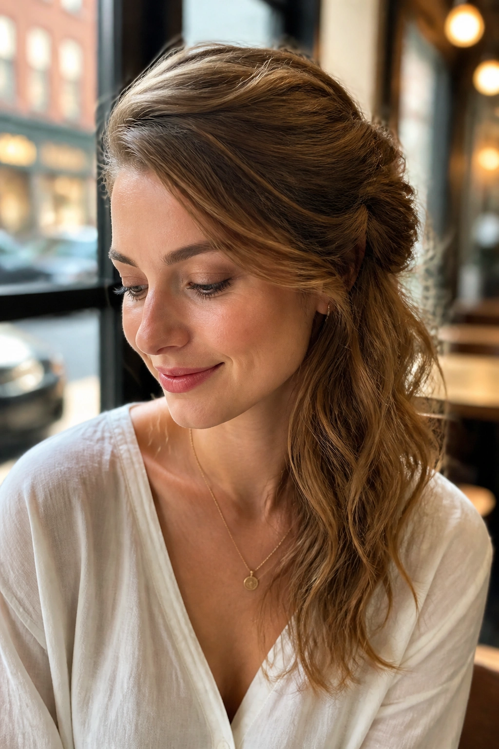 Real woman with side-swept half updo resting hair over shoulder in a sunlit cafe setting.