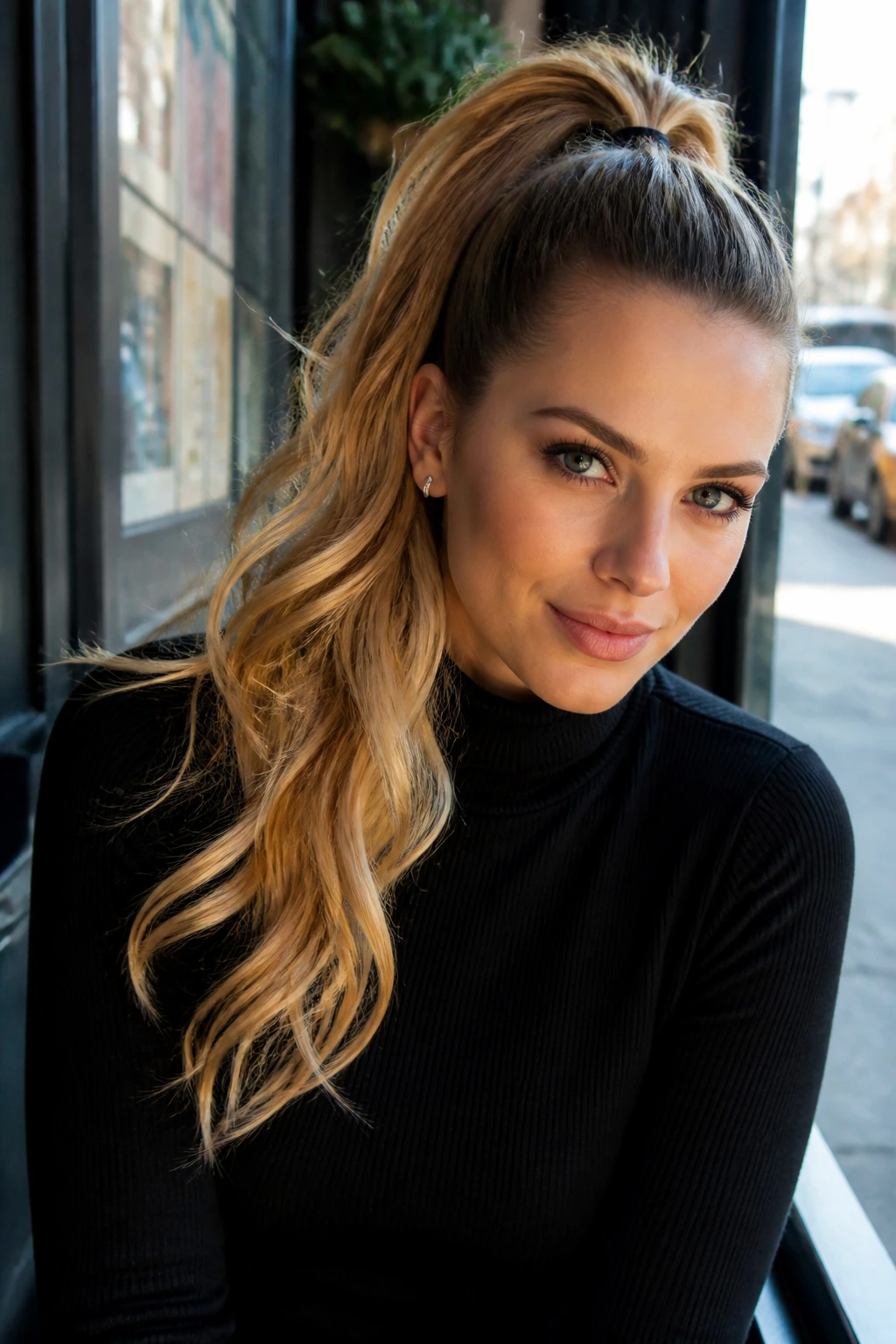 Portrait of a real woman with a side-swept high ponytail