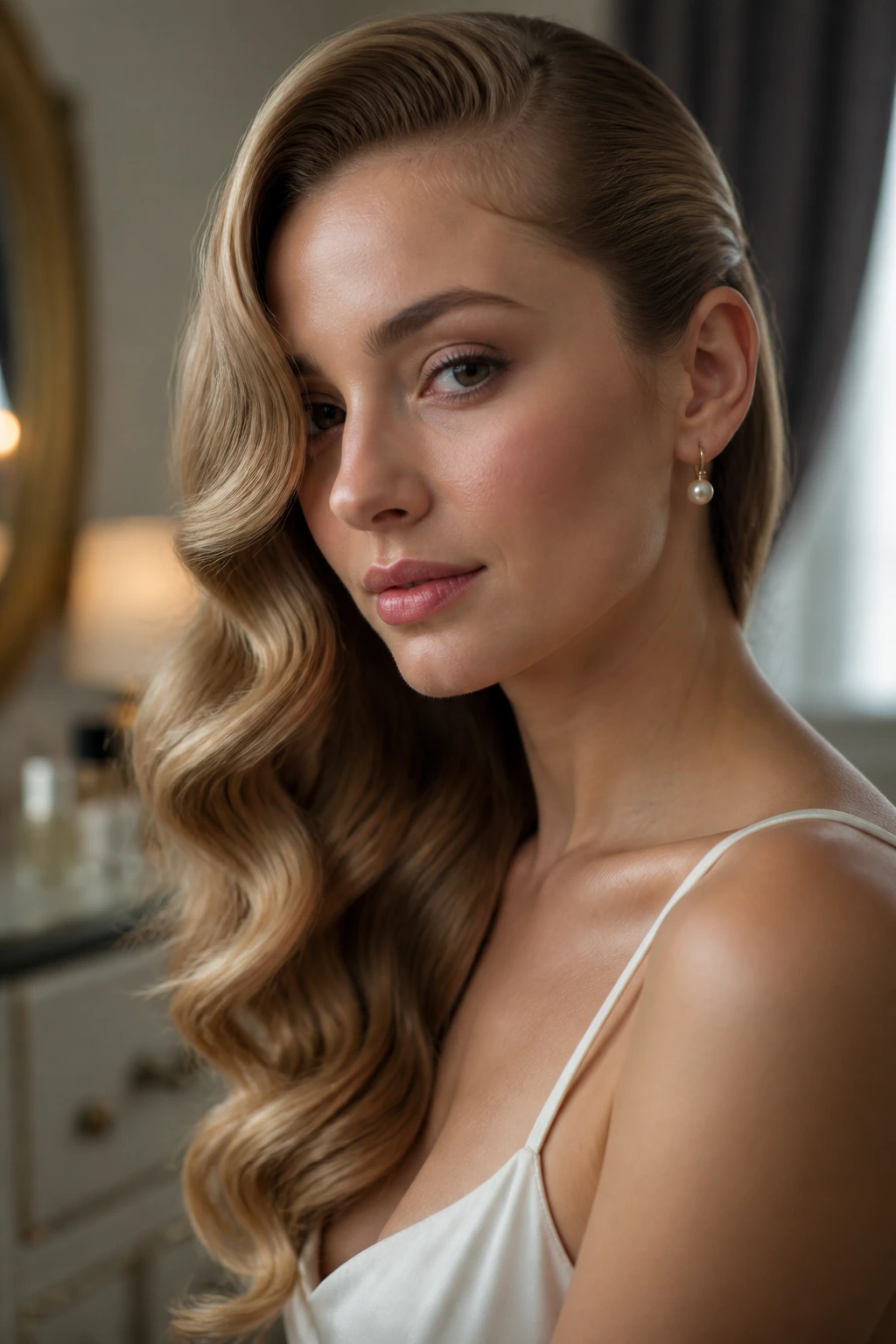 Close-up of a real woman with side-swept Hollywood waves cascading to one side