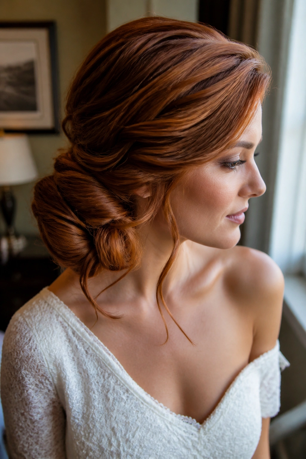 Close-up of a real woman with a side-swept knot showing copper shine in auburn hair.