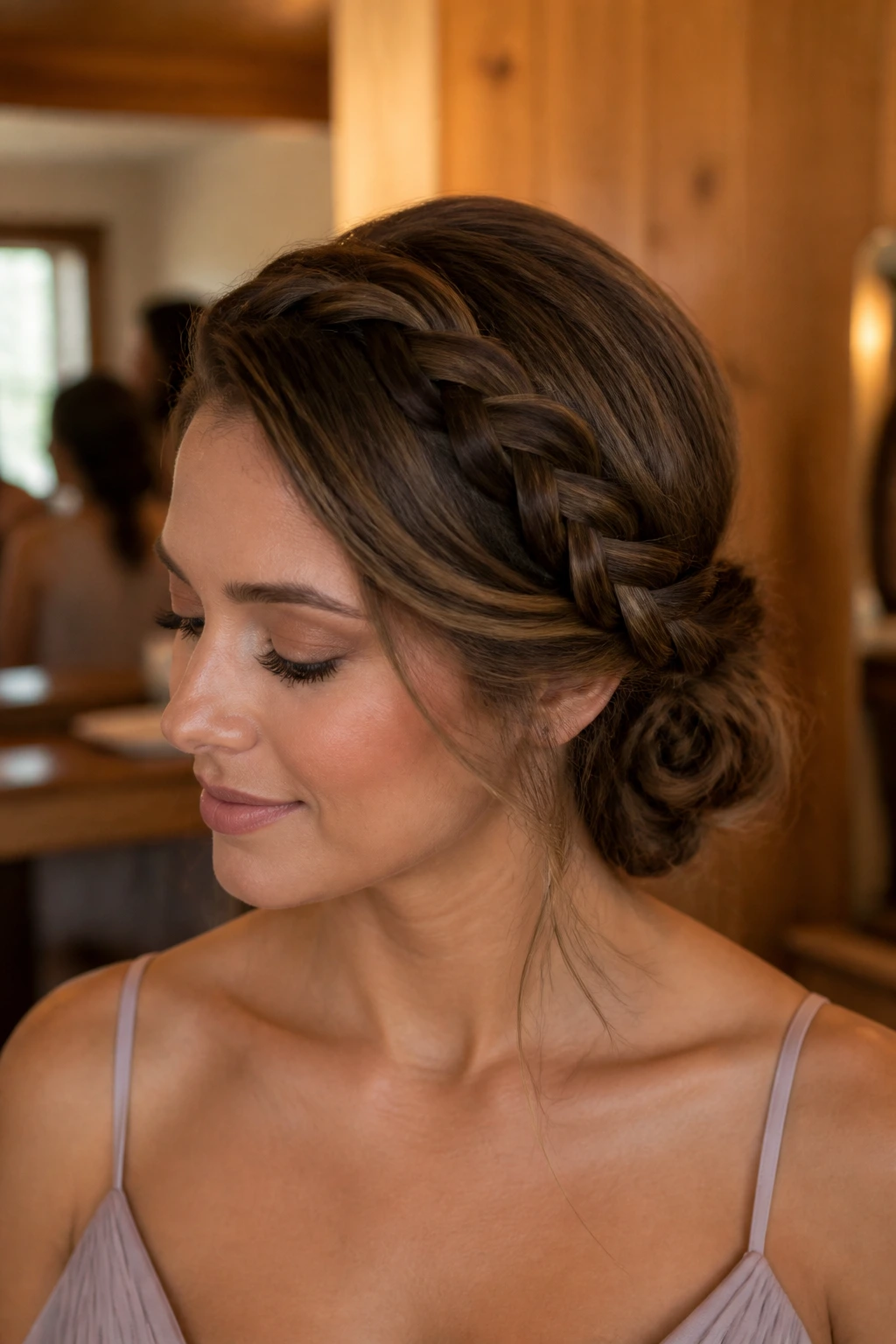 Close up of a real woman wearing a side swept knot with one braid in a bridal dressing room
