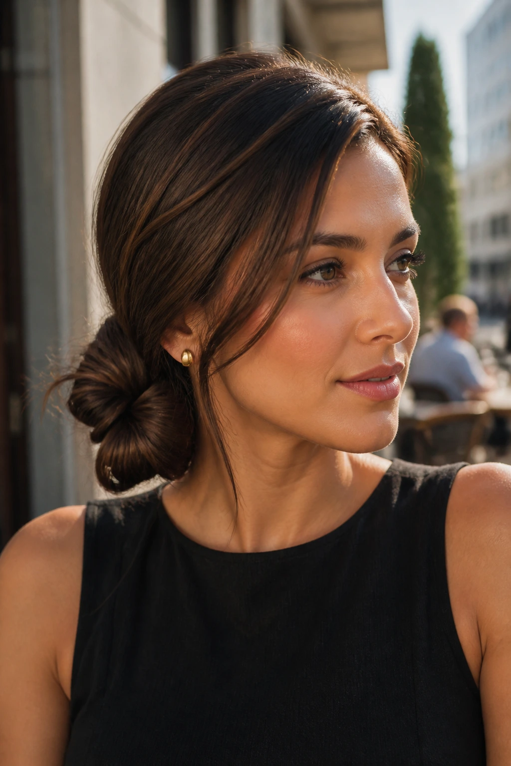 Close-up of a real woman wearing a Side-Swept Knot Ponytail with hair swept to one side