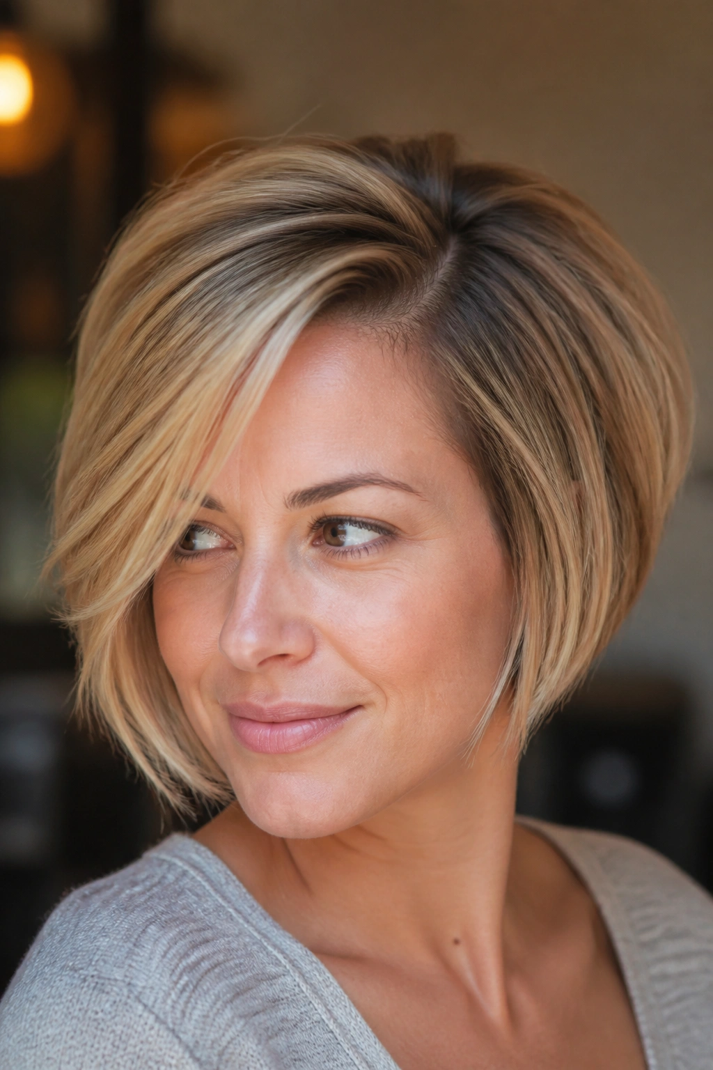 Close-up portrait of a real woman with a deep-part side-swept layered bob