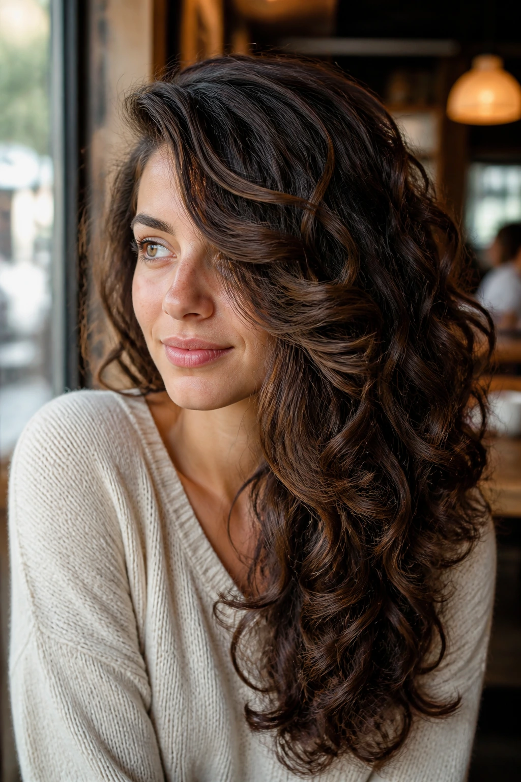Portrait of a woman with side-swept layered curls in a cafe setting