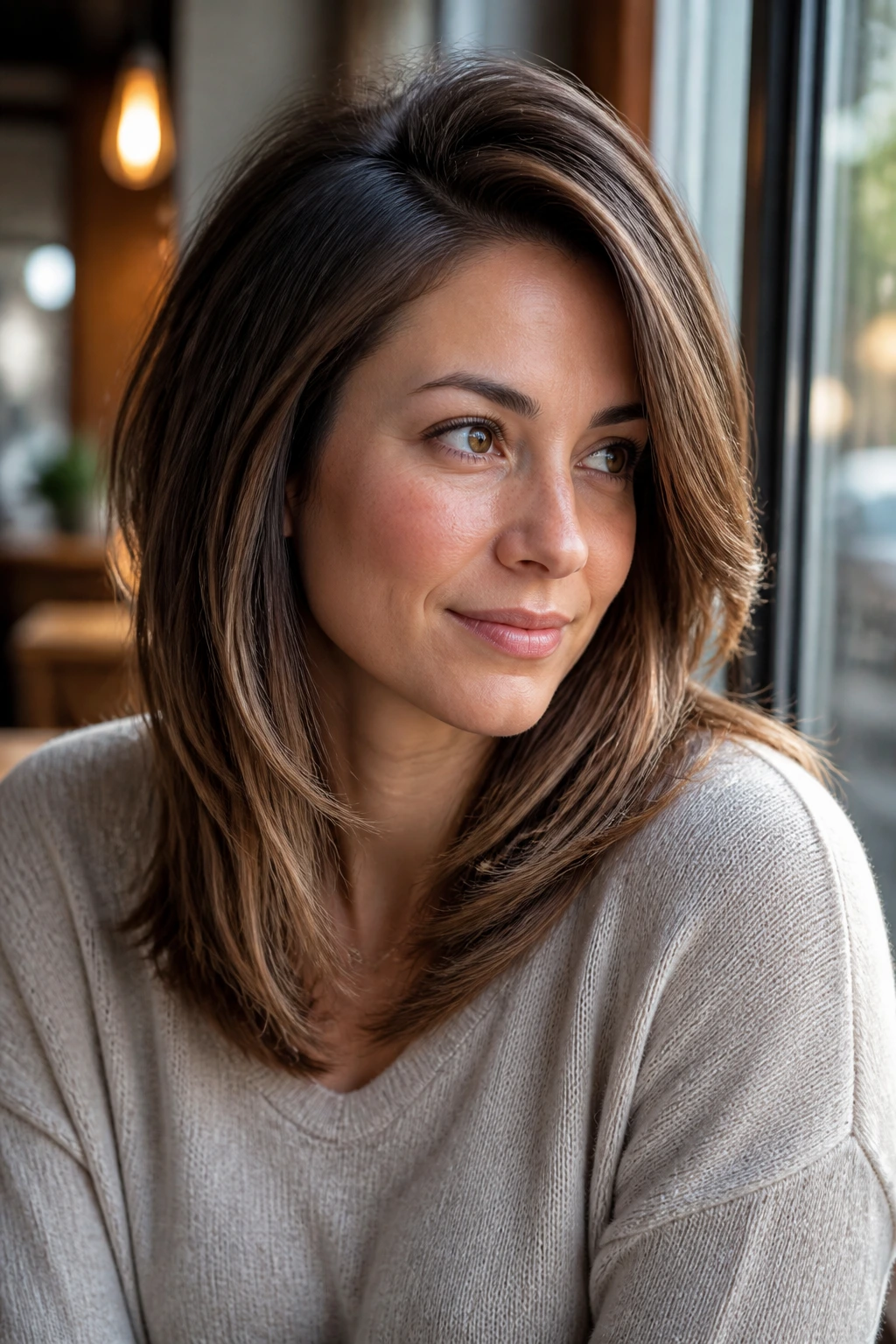 Woman with deep part and side-swept face-framing layers.