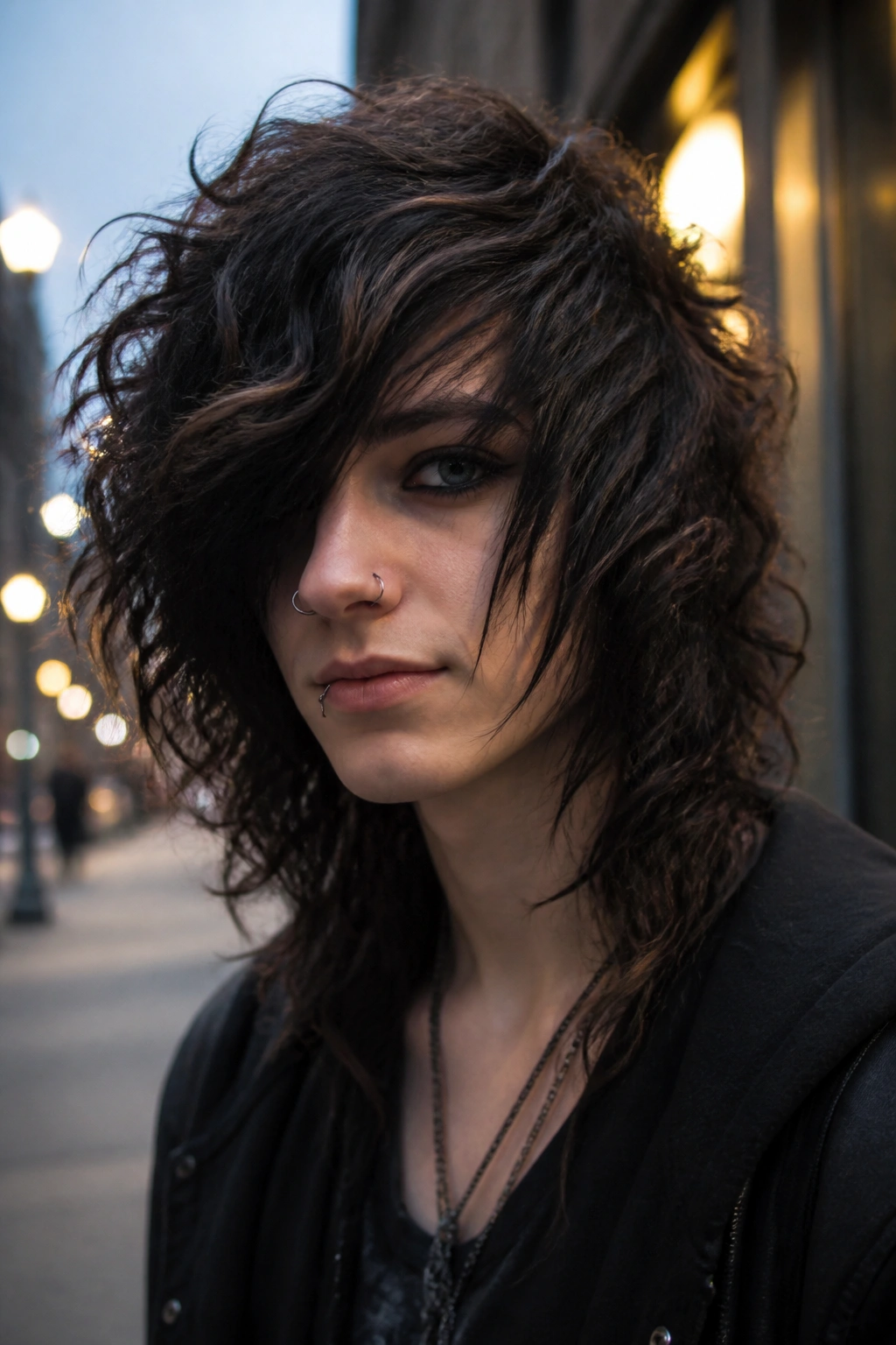 Portrait of real person with side-swept layered curls across one eye at dusk