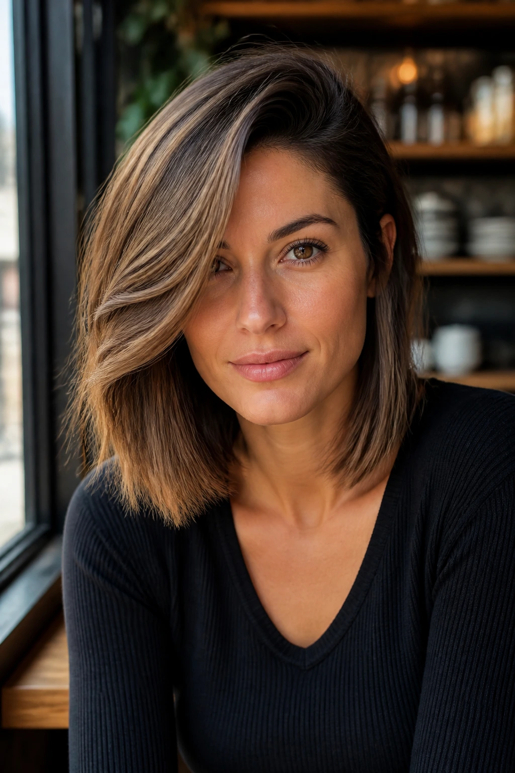 Close-up portrait of a real woman with a side-swept lob and deep part