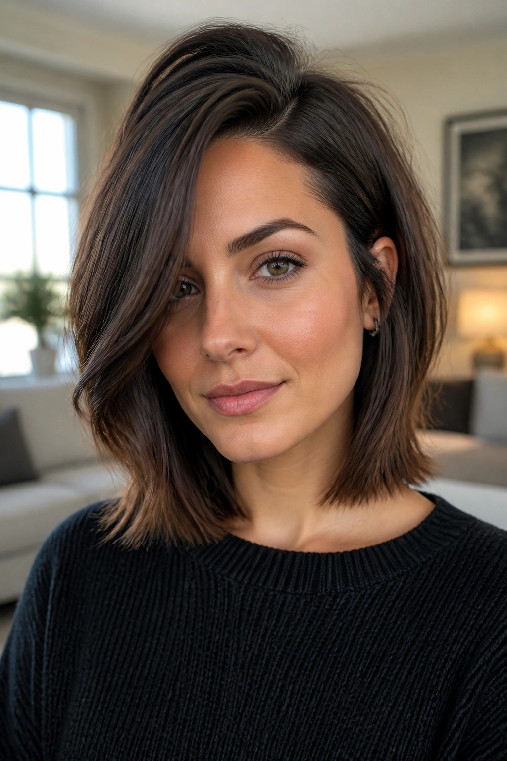 Close-up portrait of a real woman with a side-swept lob for diamond faces, jawline softened.