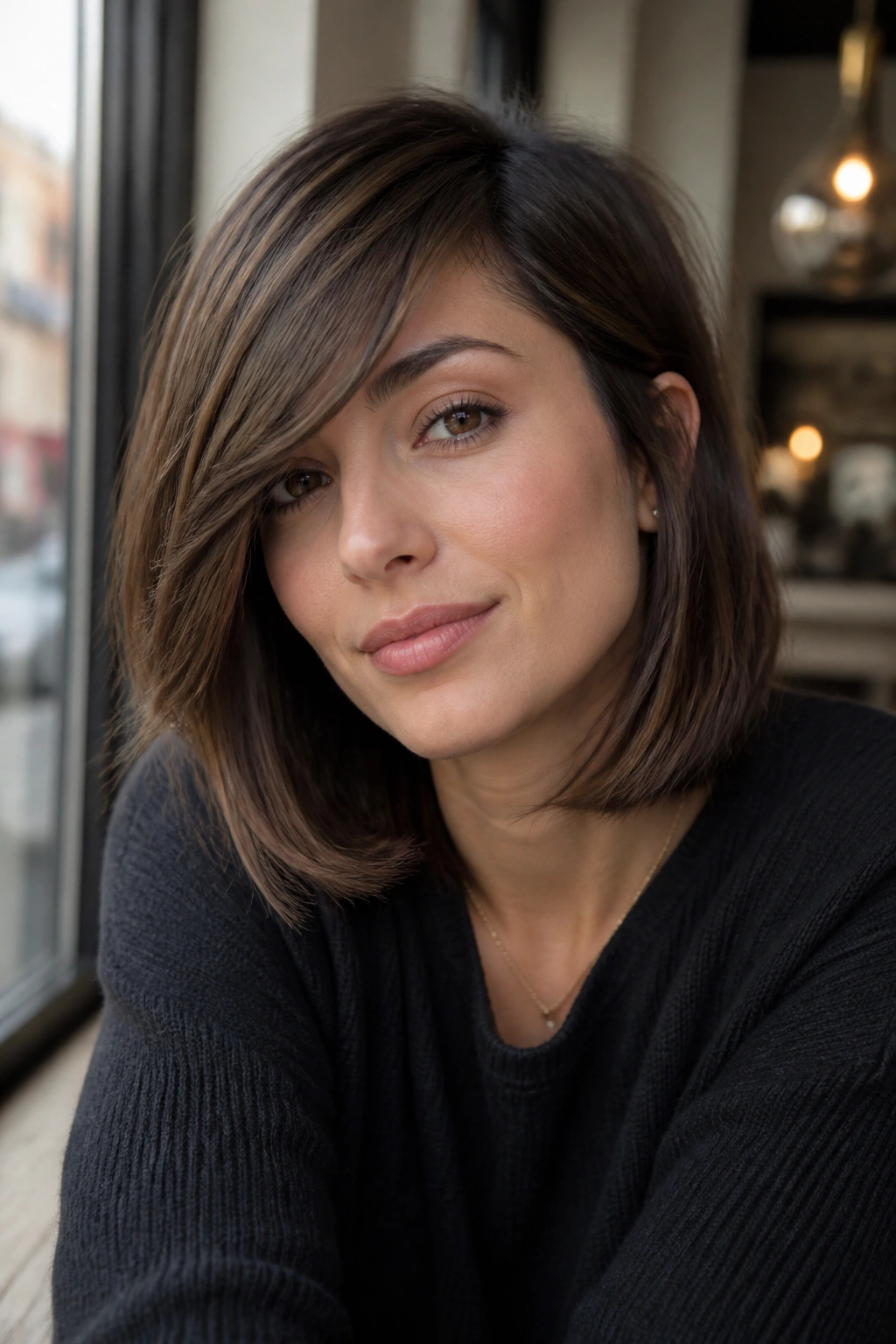 Real woman portrait with side-swept lob hidden layers