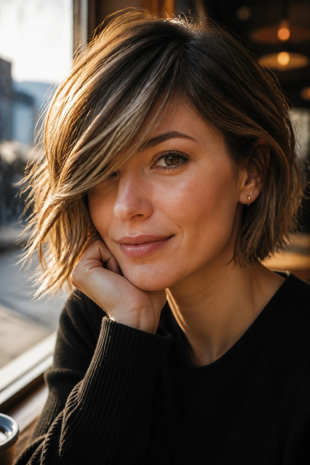 Close-up portrait of a real person with side-swept long bangs in golden hour cafe light