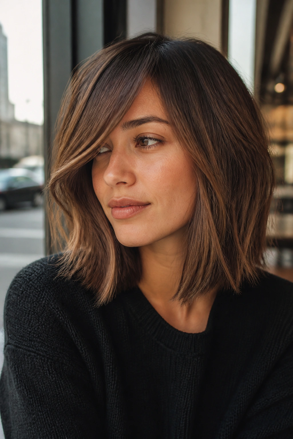 Close-up of a real woman with side-swept curtain bangs long bob in cafe window light