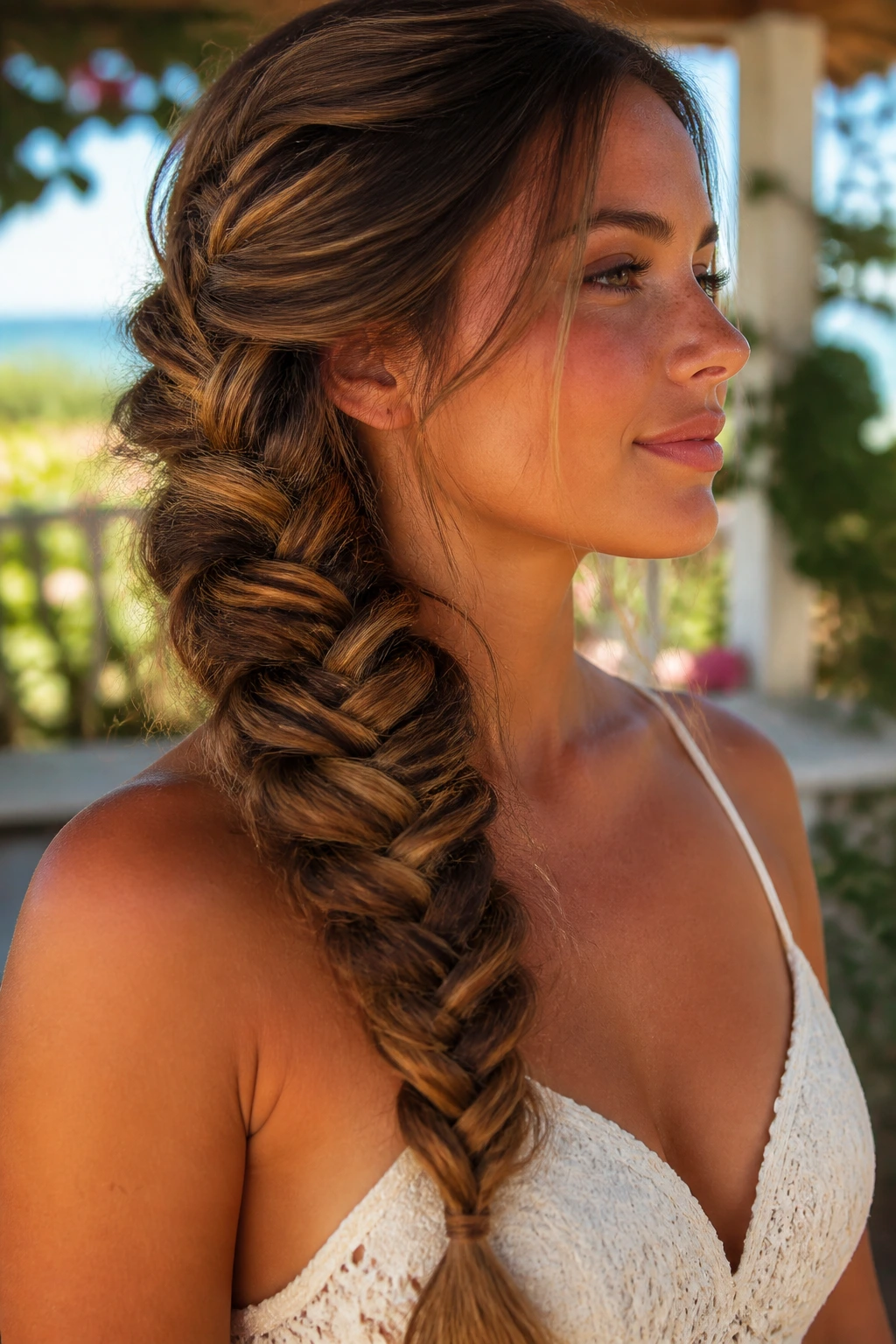 Close-up of a real woman with a side-swept mermaid braid on a sunny day