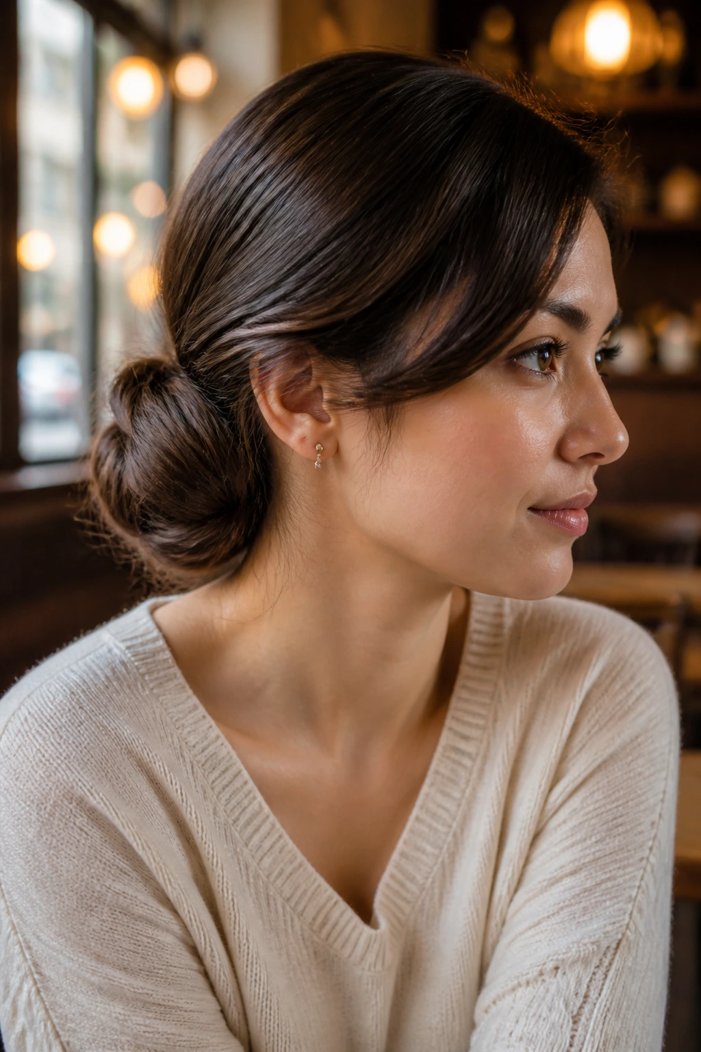 Close-up of a real woman's side-swept nape donut bun in cafe setting
