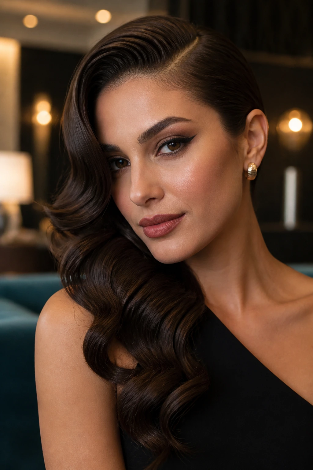 Close-up of a real woman with dramatic side-swept waves crossing the front