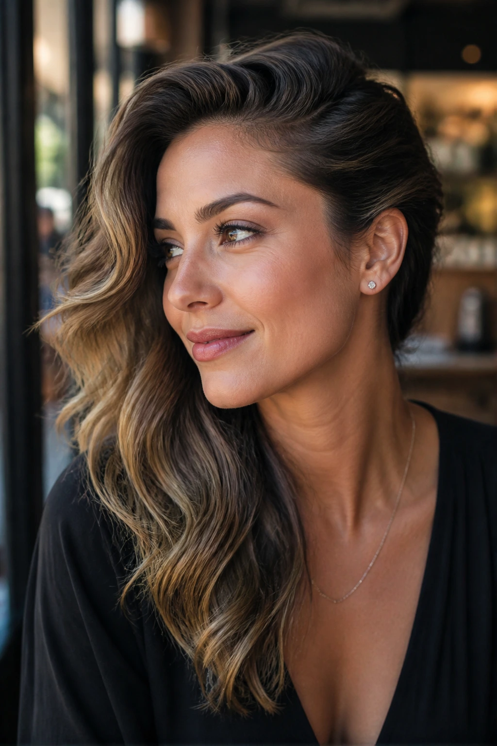 Close-up of a woman with side-swept waves pinned back behind the ear