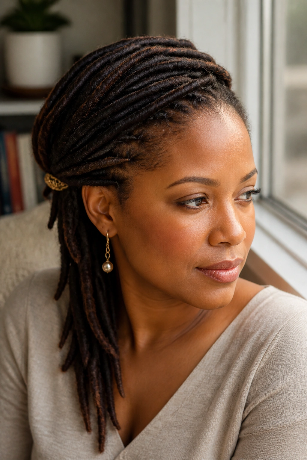 Close-up of a real woman with side-swept pinned locs.
