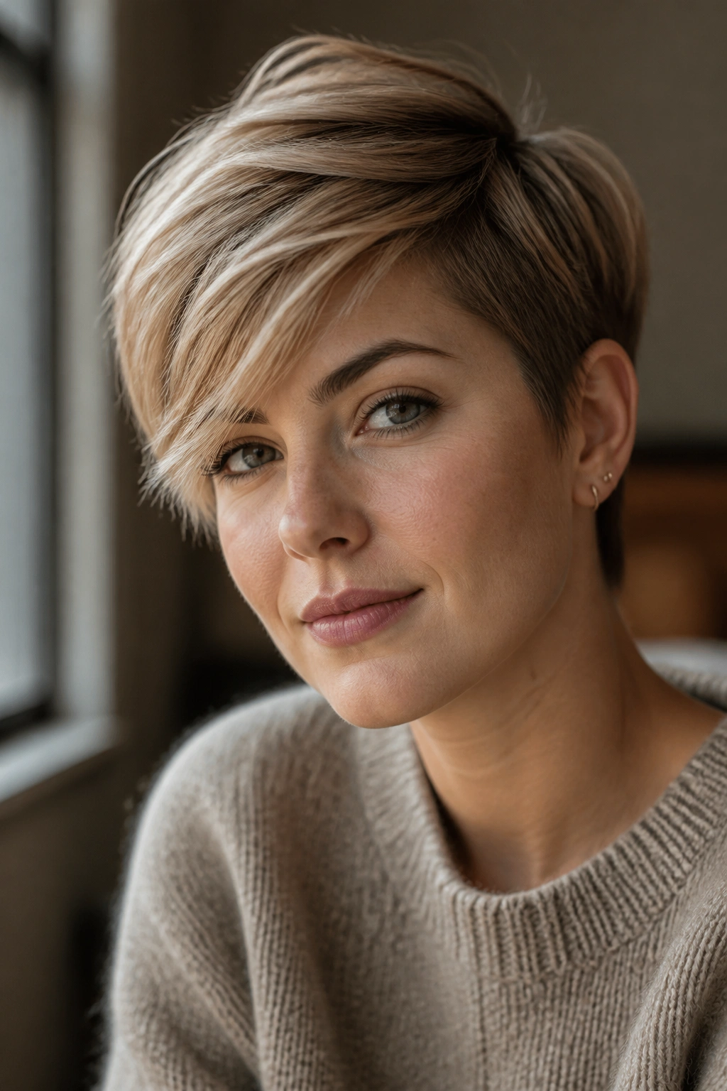 Close-up portrait of a real person with a side-swept pixie hairstyle
