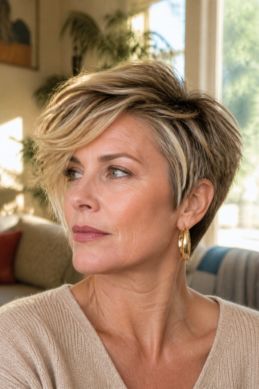 Real-woman portrait with side-swept new wave pixie