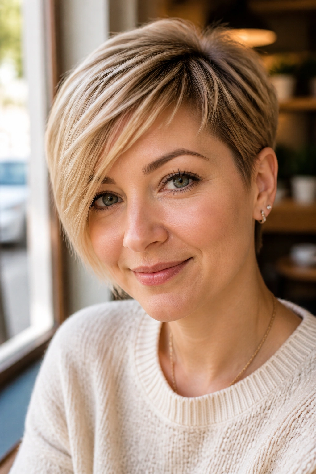Close-up of woman with side-swept pixie bangs on a pixie cut in natural cafe light
