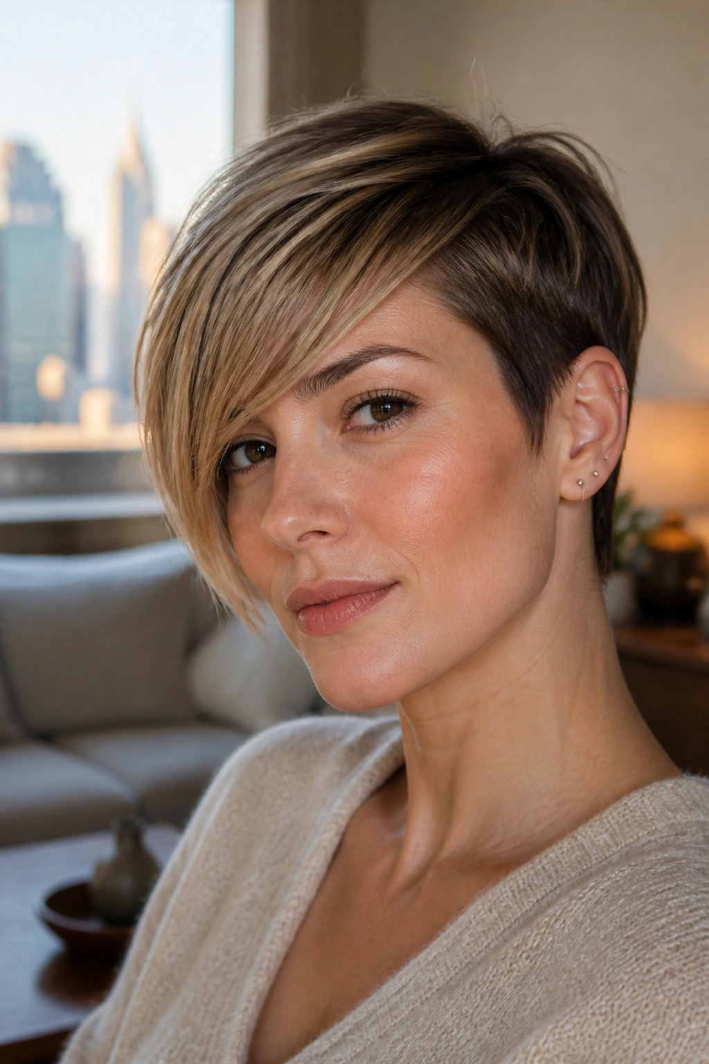 Close-up portrait of a real woman with a side-swept pixie and long bangs, warm window light.