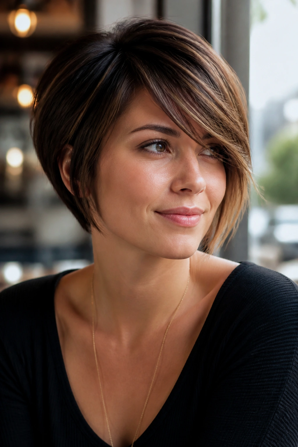 Close-up of a real woman with Side-Swept Bang Long Pixie Bob showing soft side-swept fringe