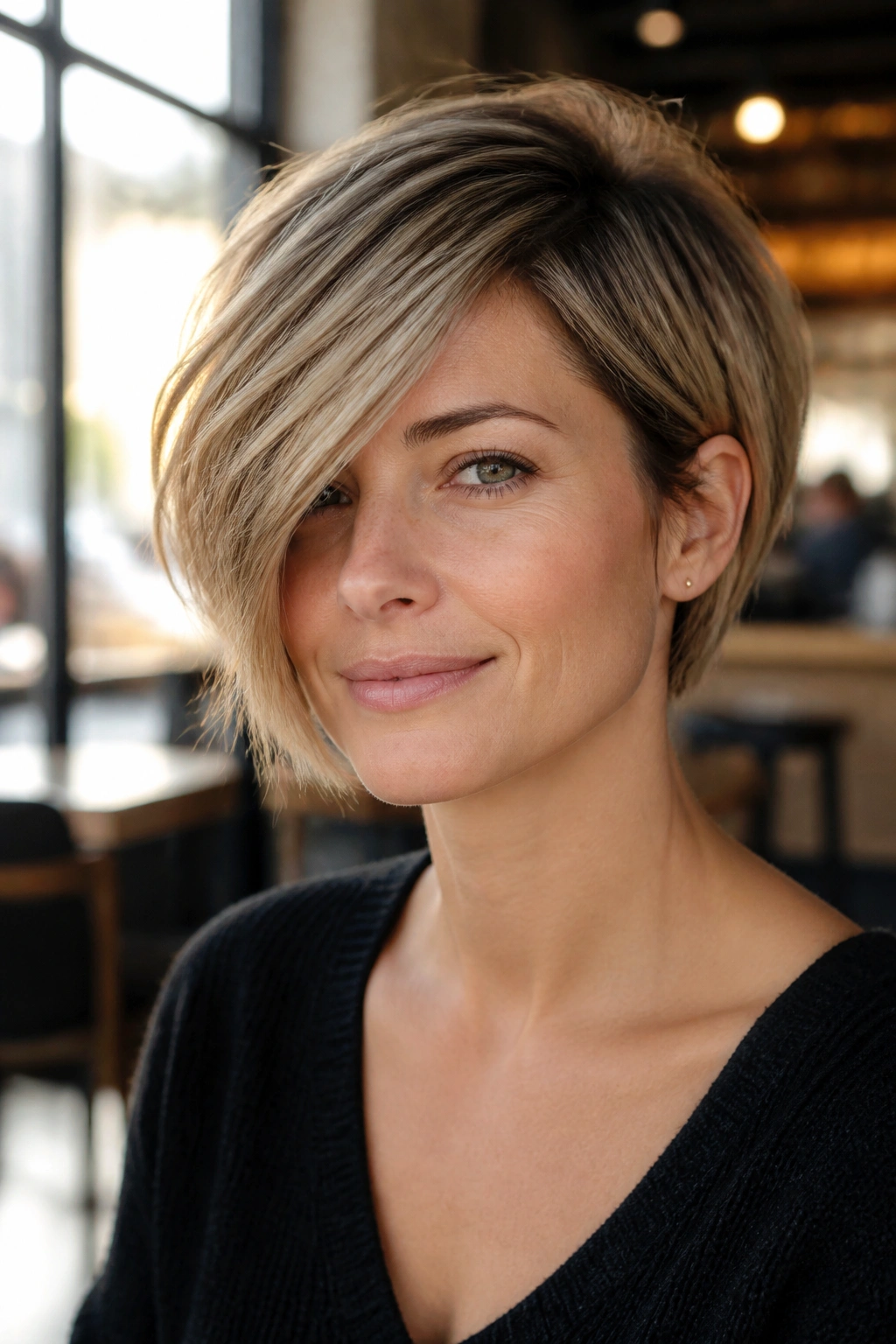 Close-up of a real woman with a Side-Swept Pixie Bob and long fringe across the forehead.