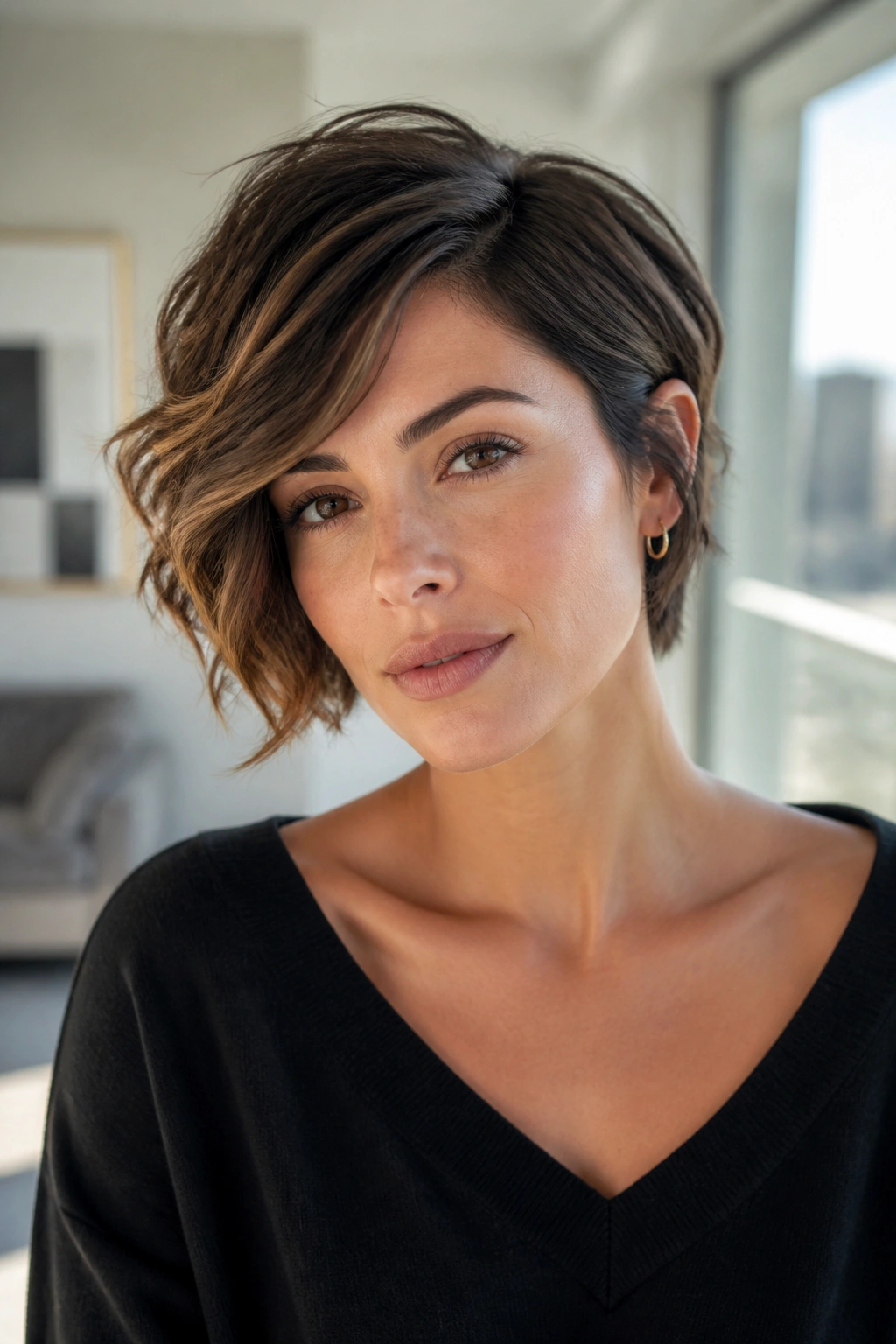 Portrait of a real person with side-swept pixie bob hairstyle under natural light