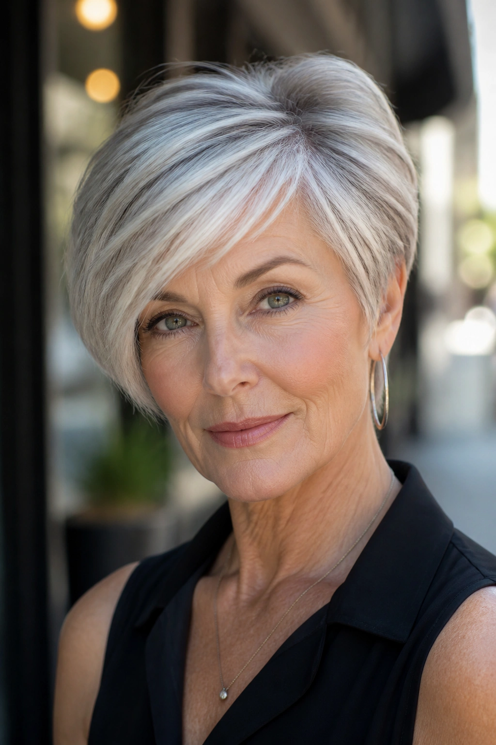 Close-up of a real woman with a side-swept pixie bob