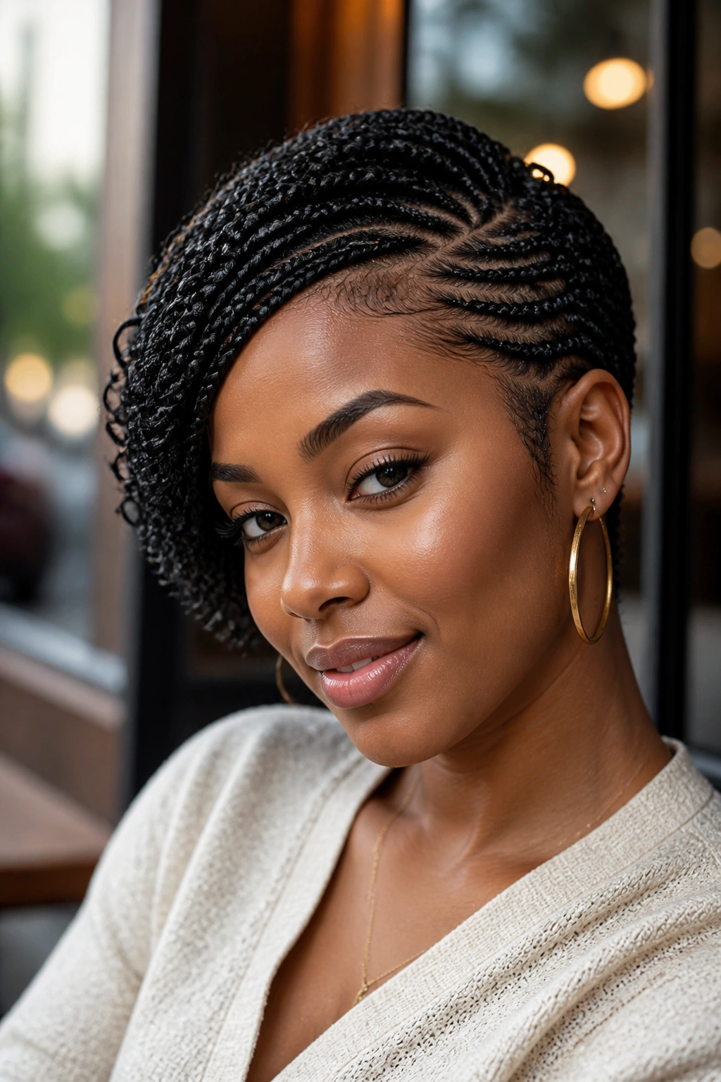 Close-up portrait of a real woman with a side-swept glam pixie braid
