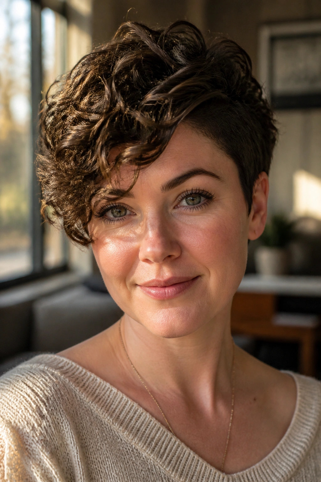Close-up portrait of a real woman with a side-swept curly pixie hairstyle in warm window light