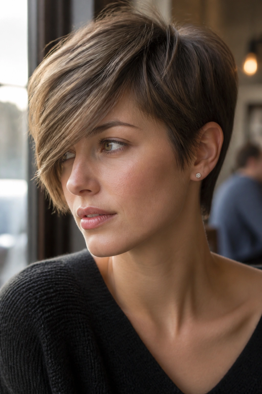 Close-up of a person with a side-swept soft pixie cut