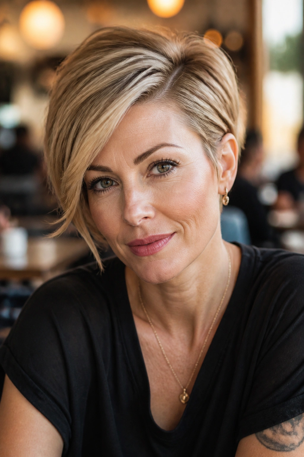 Close-up of a real woman with a deep-part side-swept pixie.