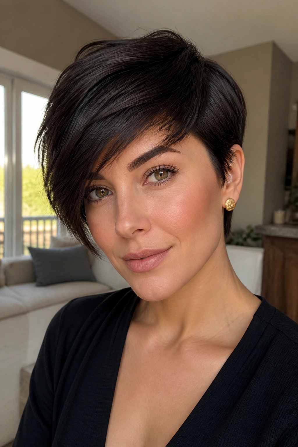 Portrait of real woman with side-swept pixie showing soft forehead line