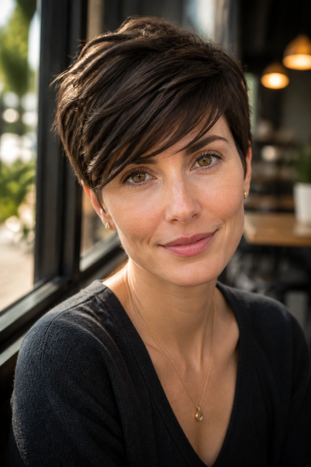 Close-up portrait of a real person with side-swept pixie fringe in warm cafe light