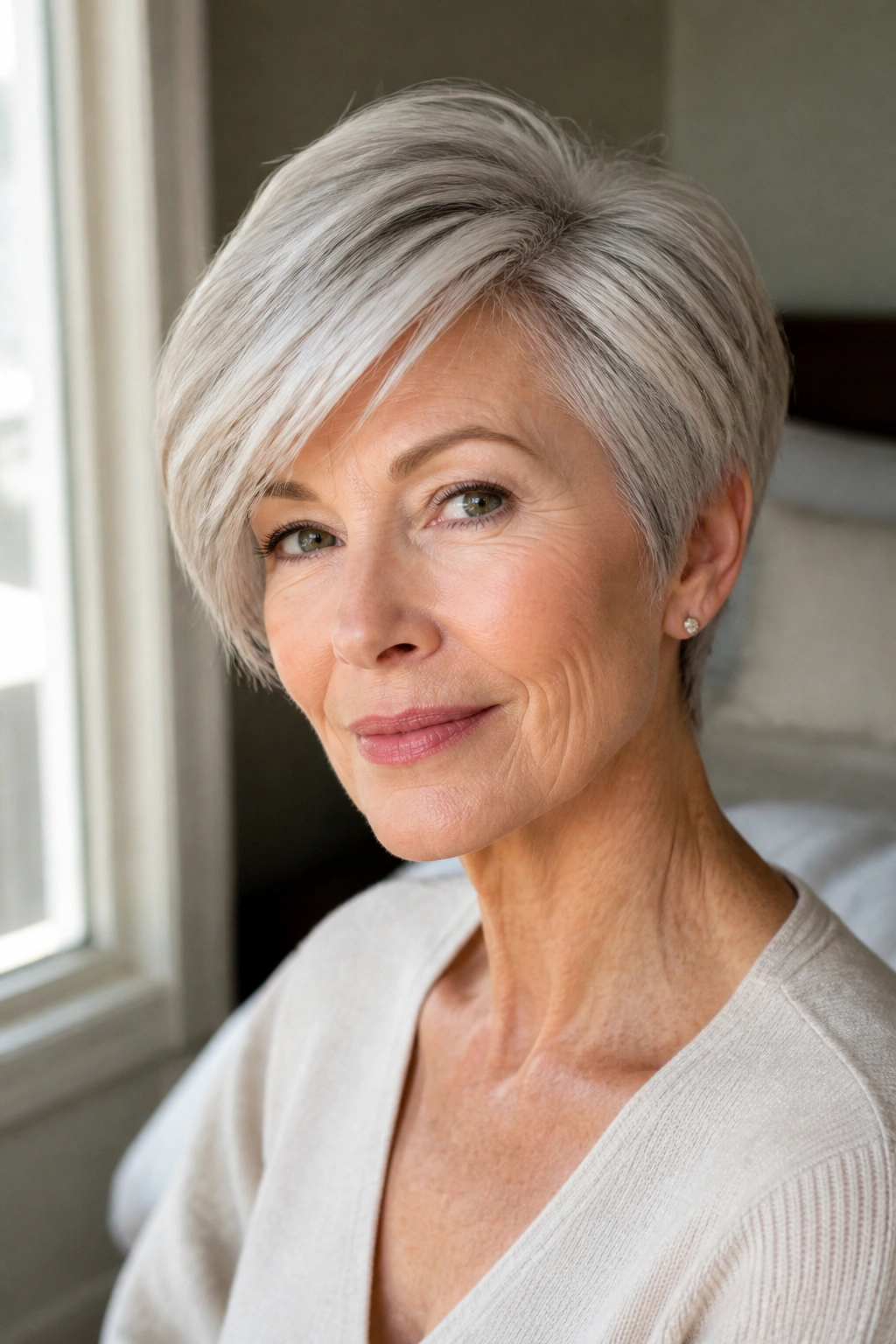 Close-up portrait of a real woman with side-swept fringe on a pixie cut, natural window light