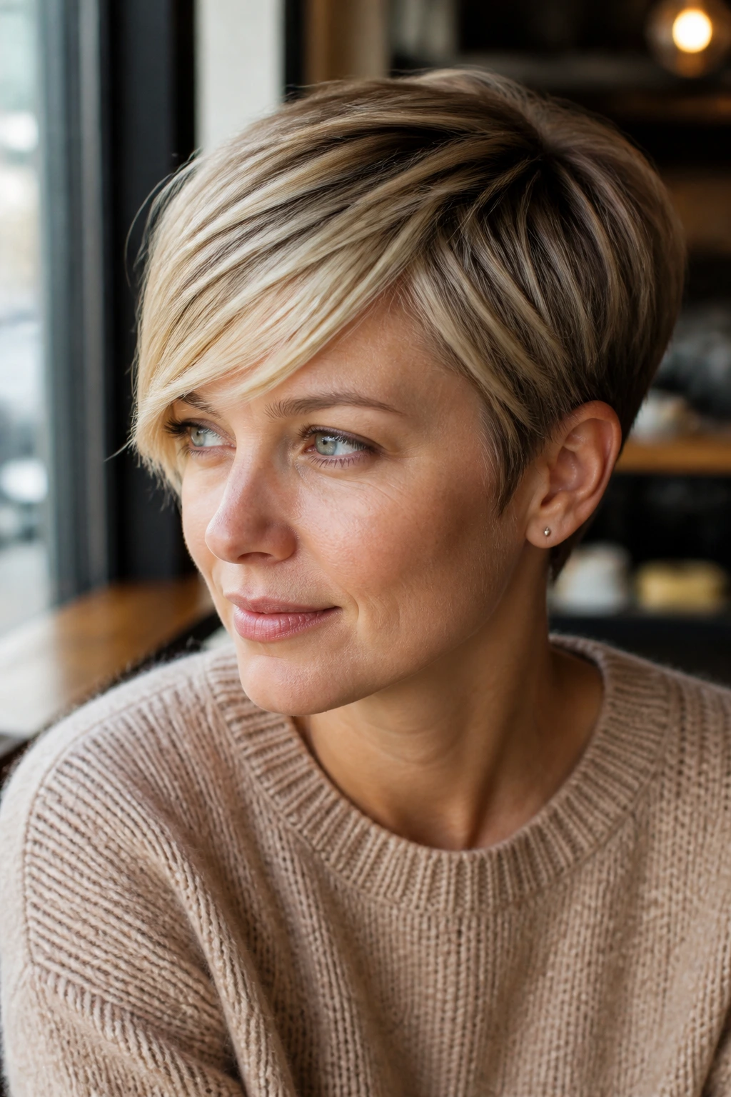 Close-up portrait of a woman with a side-swept fringe pixie hairstyle