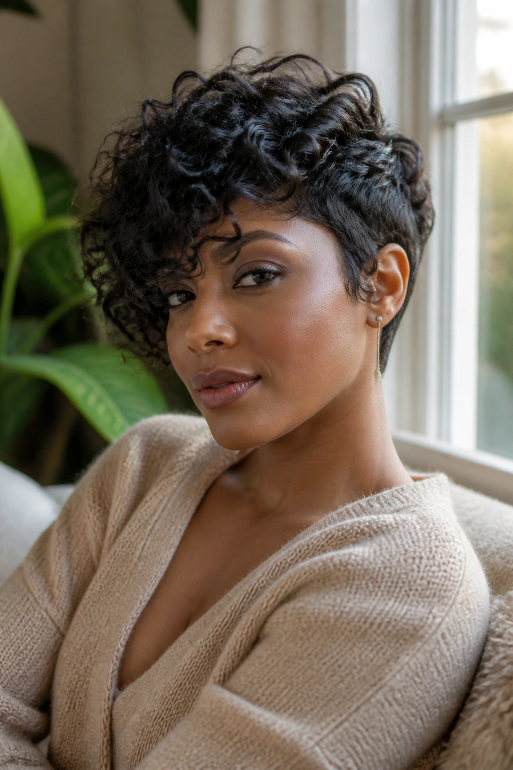 Portrait of a real Black woman with a side-swept curly pixie and long fringe.