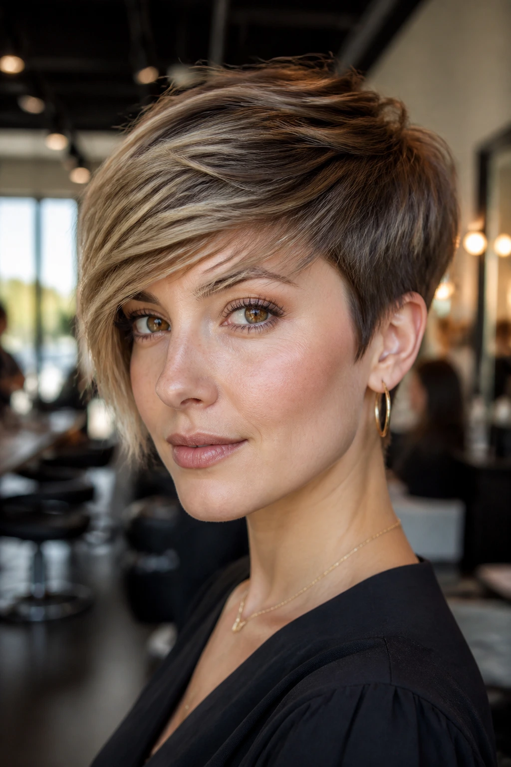 Close-up of a real person with a side-swept pixie fringe across the forehead