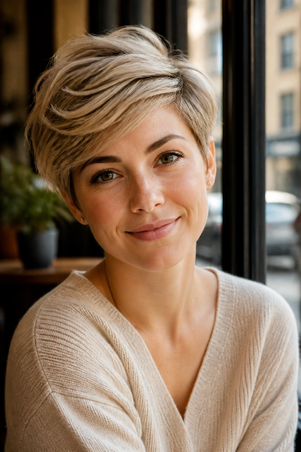 Real woman with a soft side-swept pixie in a sunny cafe setting