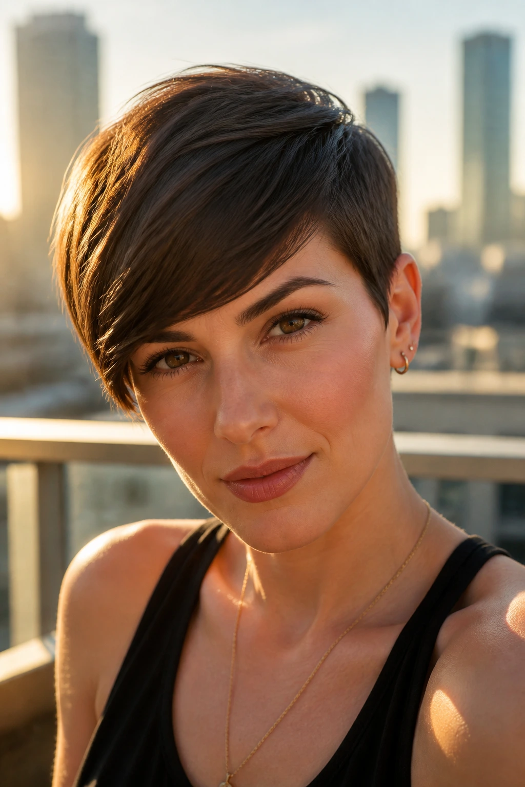 Close-up of a real person with a side-swept pixie hairstyle on a sunlit balcony